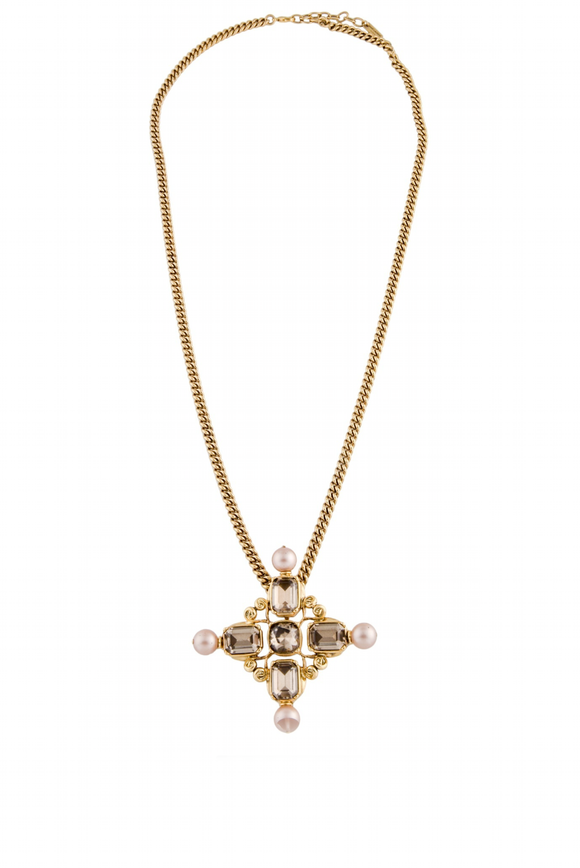 Saint Laurent Gold Gemstone Pearl Gripoix Style Cross Pendant Necklace