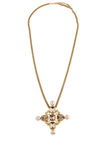 Saint Laurent Gold Gemstone Pearl Gripoix Style Cross Pendant Necklace