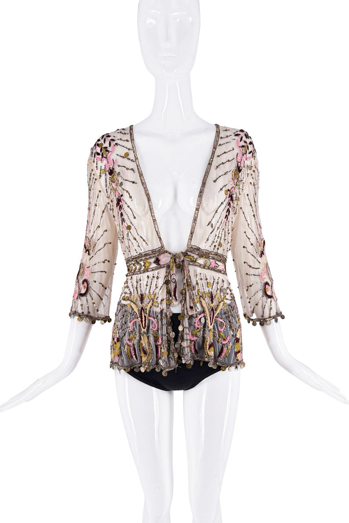 Roberto Cavalli Pink Green Sheer Beaded Embroidered Sequin Top