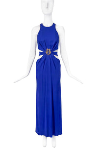 Roberto Cavalli Blue Cut-Out Gown Dress with Gold Parrot Brooch Hardware Detail