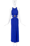 Roberto Cavalli Blue Cut-Out Gown Dress with Gold Parrot Brooch Hardware Detail