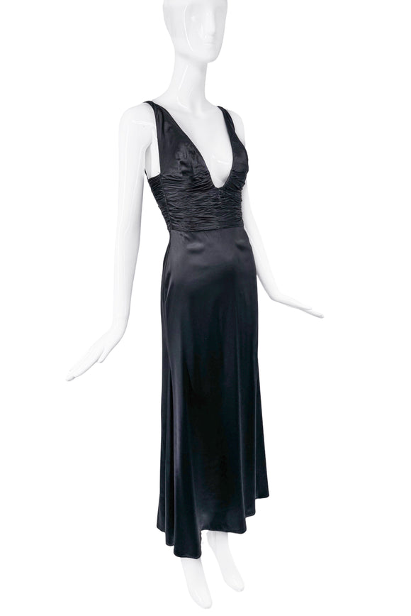 Roberto Cavalli Black Satin Deep V-Neckline with Ruche Details Gown