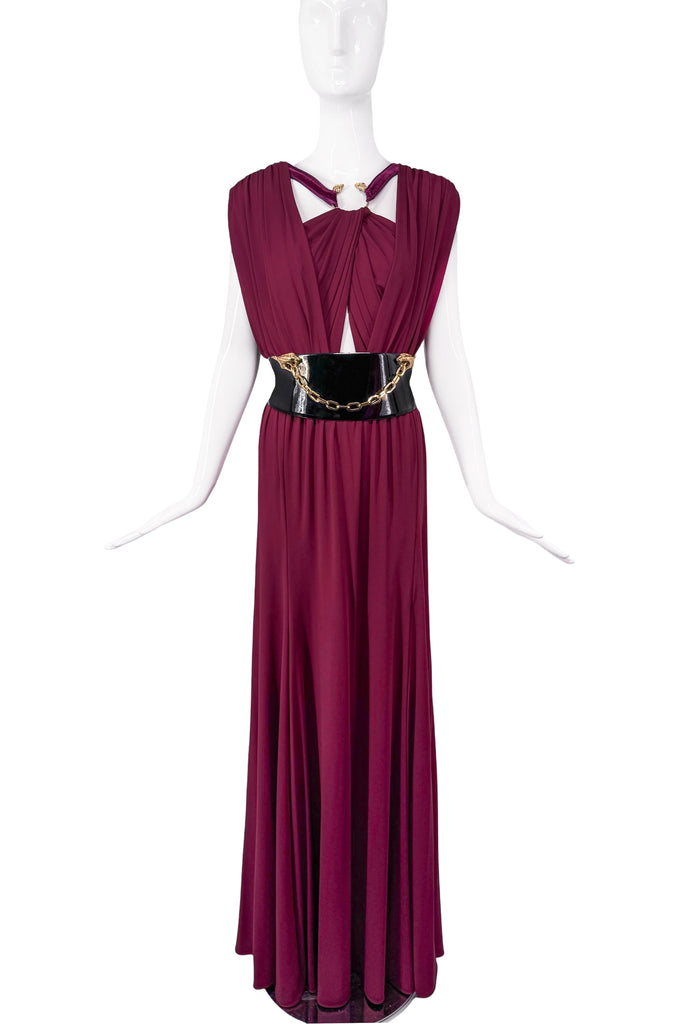 Roberto Cavalli Purple Maroon Silk Jersey Criss Cross Cut Out Snake Clasp Goddess Gown