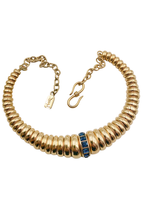 Saint Laurent Gold Snake Ripple Blue Gem Stone Spike Necklace