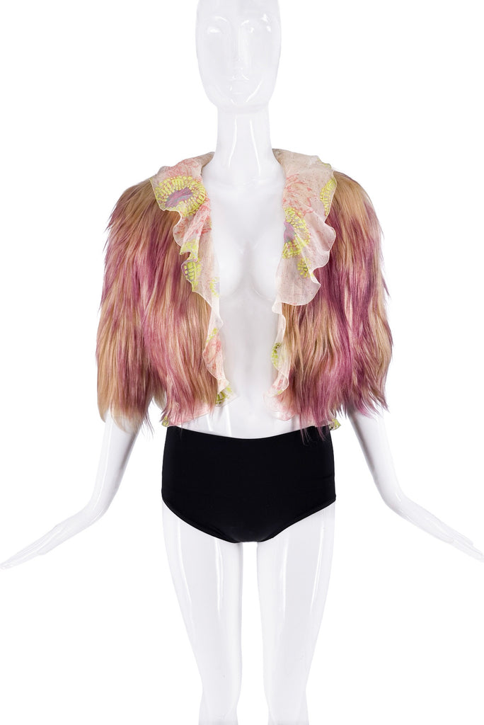 Emanuel Ungaro Blonde Purple Floral Ruffle Collar Fur Coat