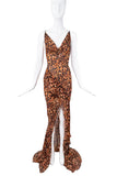 Roberto Cavalli Tortoise Leopard Print Silk High Slit Slip Dress Gown Runway Fall 2003