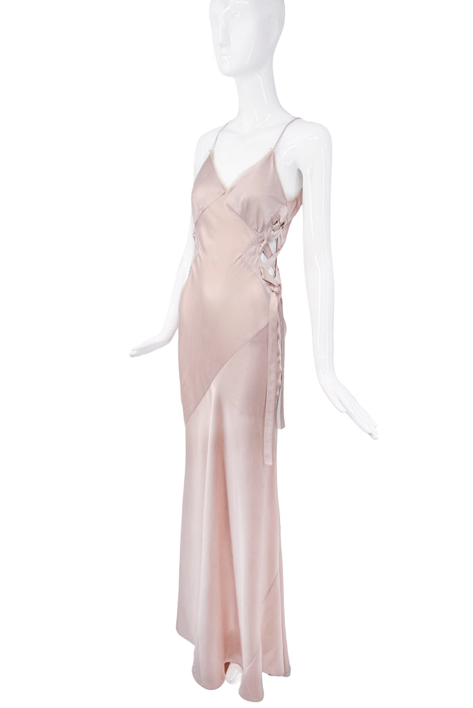 Roberto Cavalli Pink Nude Blush Silk Side Corset Ties Slip Dress Gown