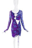Versace Purple Blue Sheer Ruched Floral print Cut Out Dress