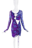 Versace Purple Blue Sheer Ruched Floral print Cut Out Dress