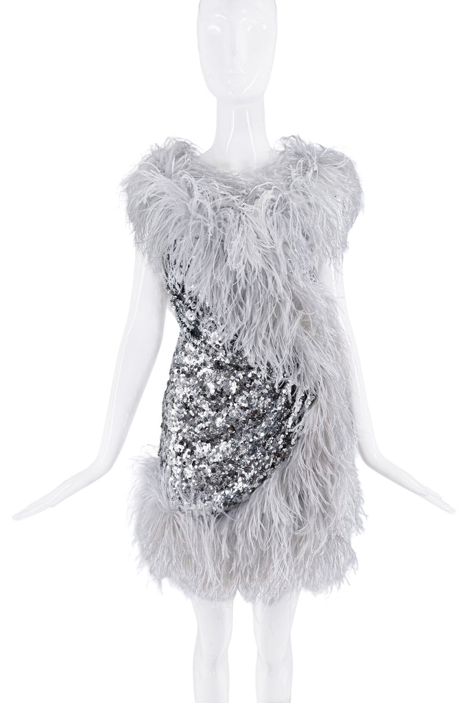 Dolce & Gabbana Silver Sequin Asymmetric Feather Dress