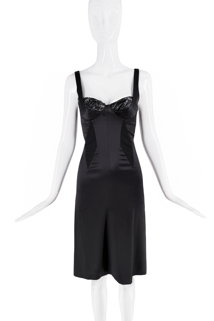 Versace Black Satin Lace Bustier Bra Slip Dress