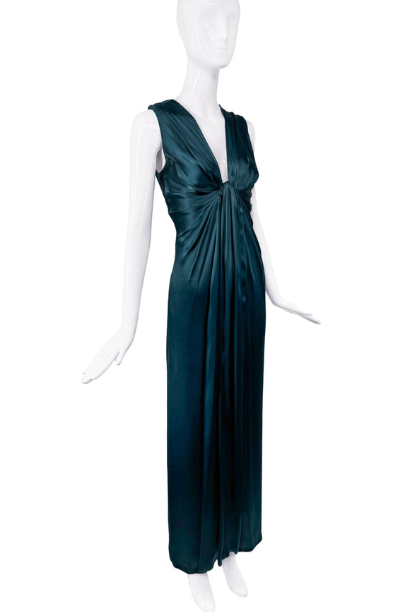 Lanvin Teal Blue Green Satin Silk Draped Gown Dress