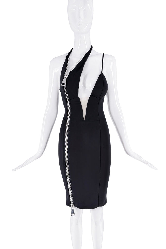 Christian Cowan Black Silver Zipper Asymmetric Bodycon Halter Dress
