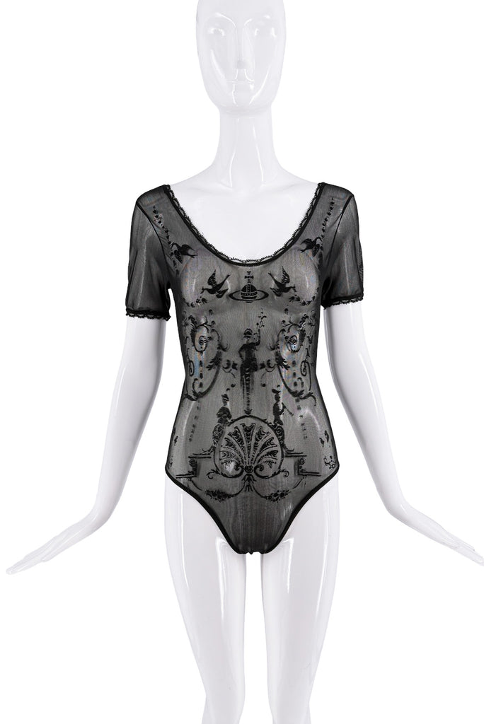 Vivienne Westwood Black Sheer Boulle Print Leotard Bodysuit