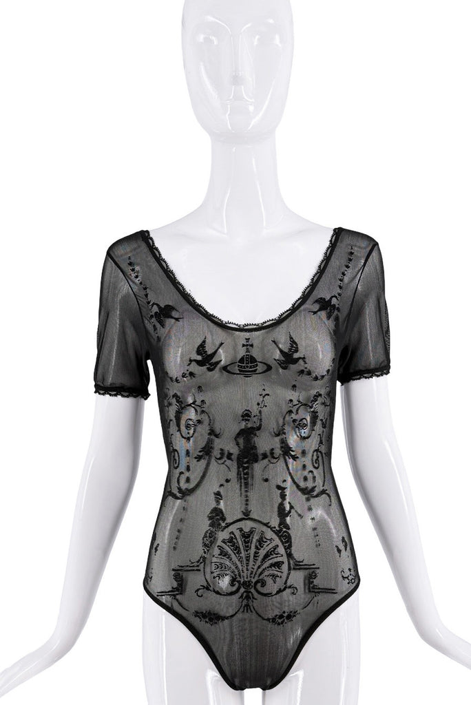 Vivienne Westwood Black Sheer Boulle Collection Print SS1992 Leotard Bodysuit