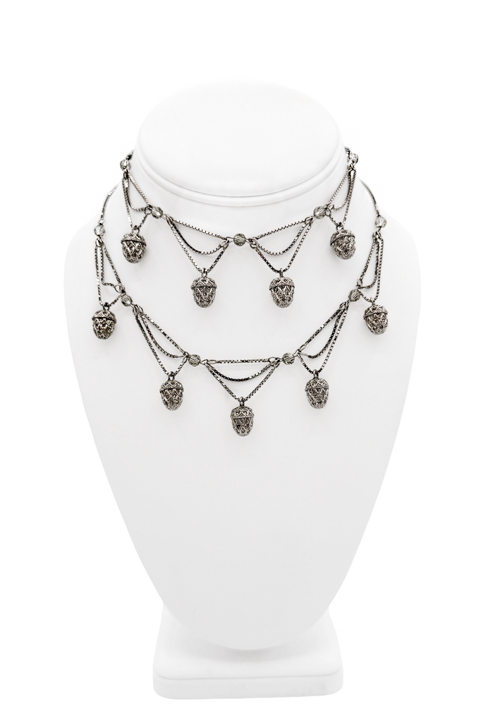 Christian Dior Silver Embellished Eggs Draped Chain Necklace Set