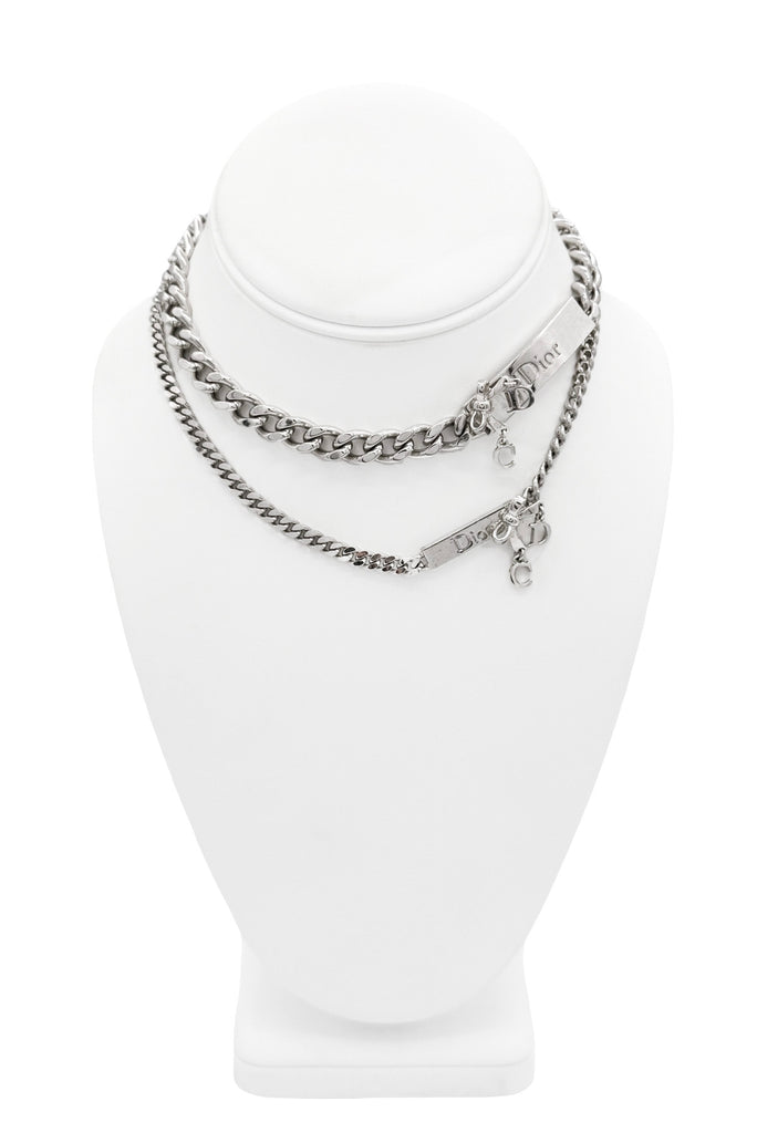Christian Dior Silver Charm Plate Logo Double Chain Necklace