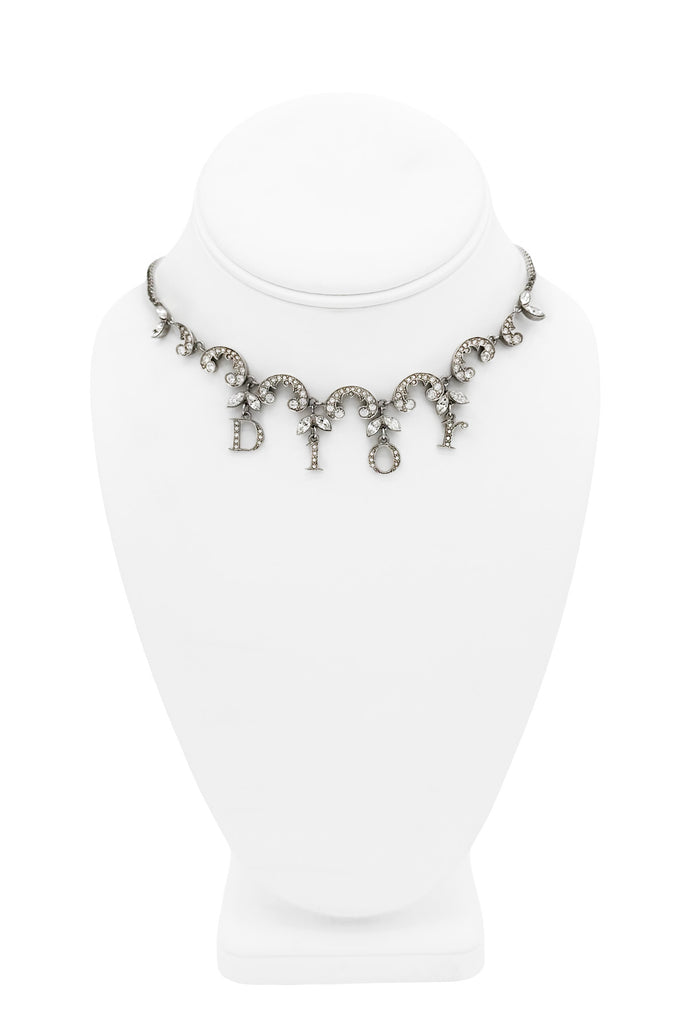 Christian Dior Silver Pavé Crystal Embellished Logo Charm Necklace