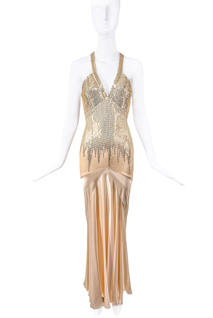 Roberto Cavalli Gold Sequin Drop Waist Bias Cut Gown