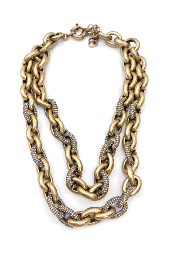 Vintage Gold and Pavé Crystal Double Chain Link Necklace