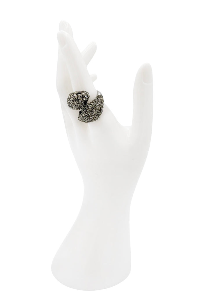 Roberto Cavalli Silver Pavé Crystal Double Snake Head Statement Ring