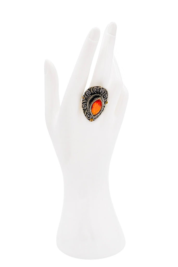 Vintage Silver Embellished Orange Gemstone Pointed Oval Statement Ring