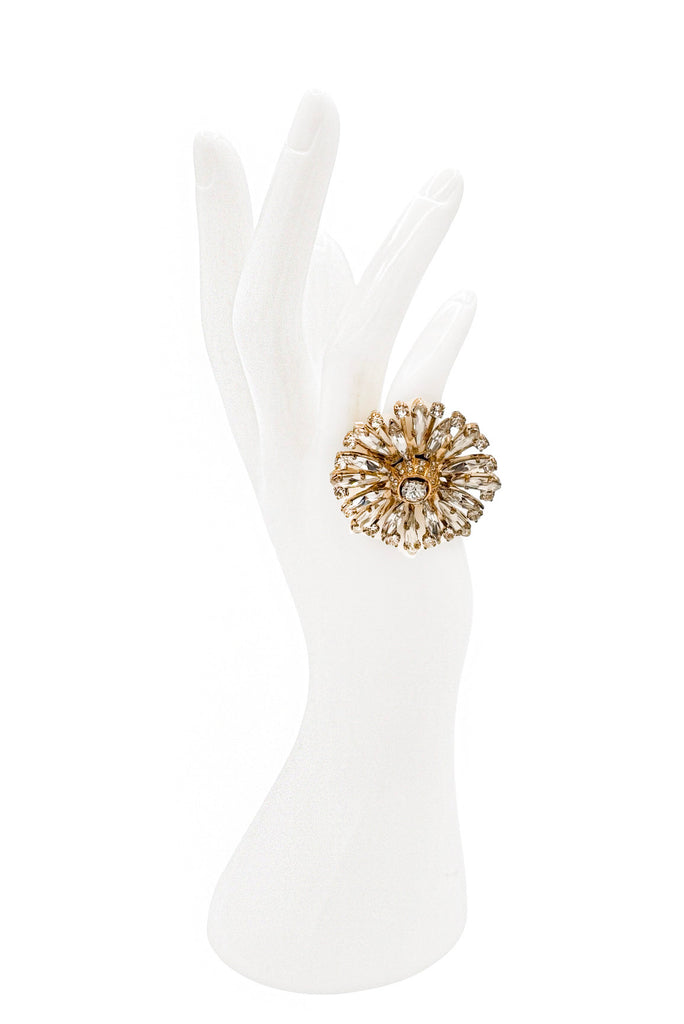 Lanvin Gold Crystal Flower Petal Oversized Statement Ring