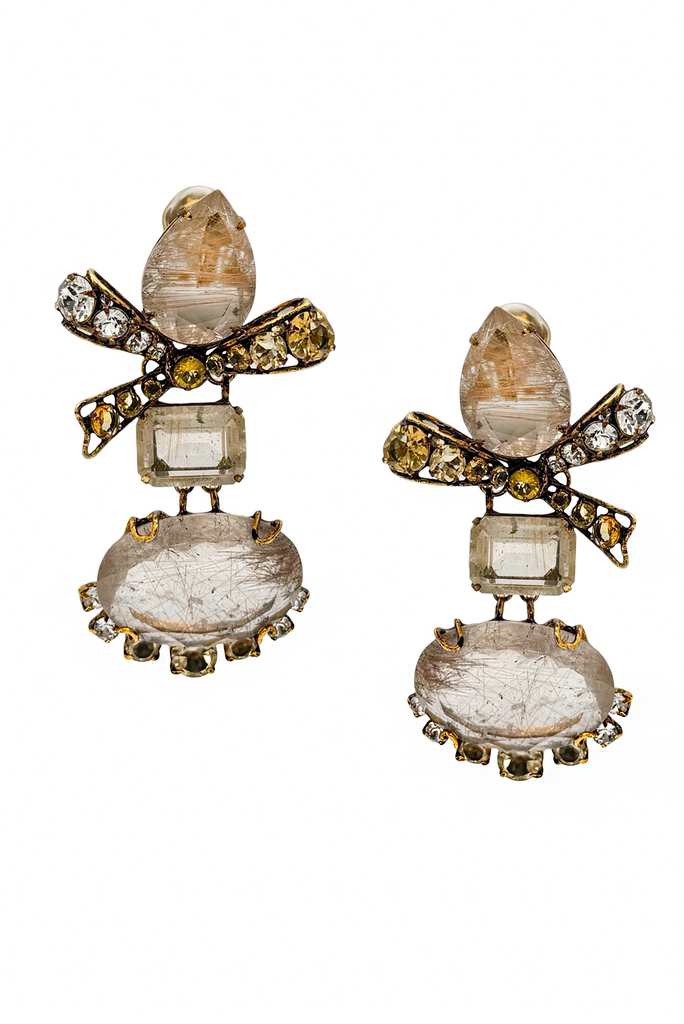 Iradj Moini Gold Bronze Crystal Rhinestone Bow Three Tier Geometric Drop Earrings