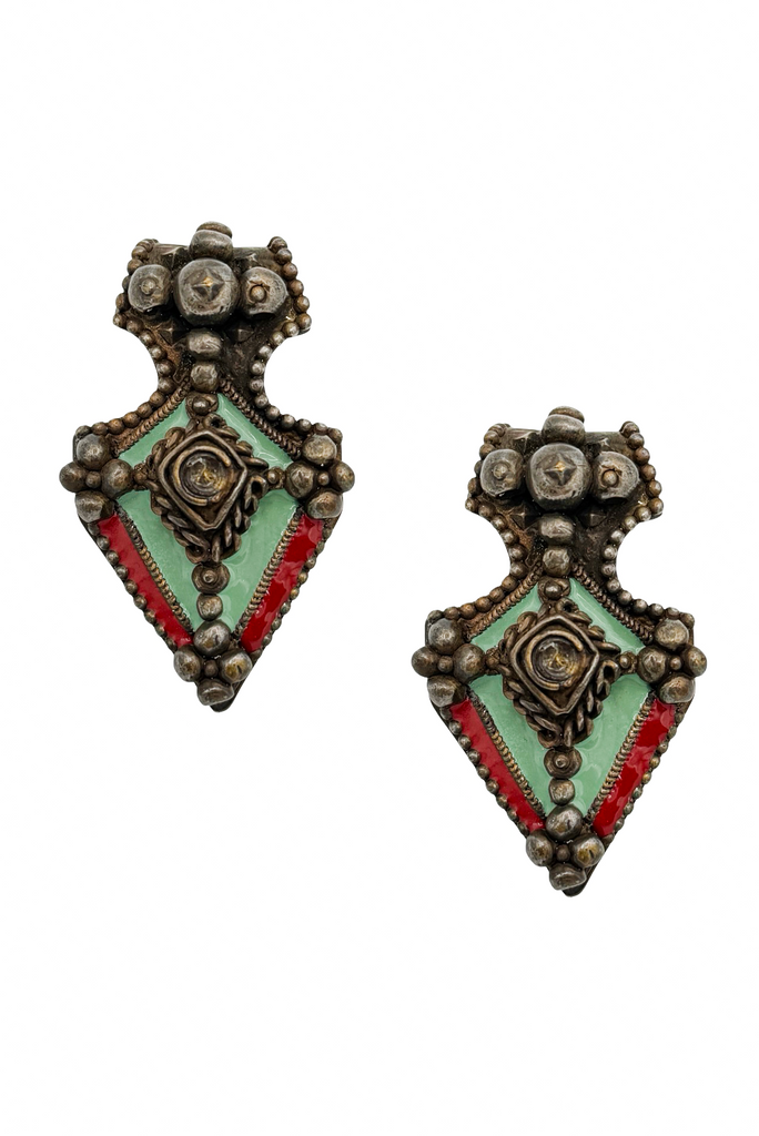 Jean Paul Gaultier Silver Green Red Enamel Embellished Earrings