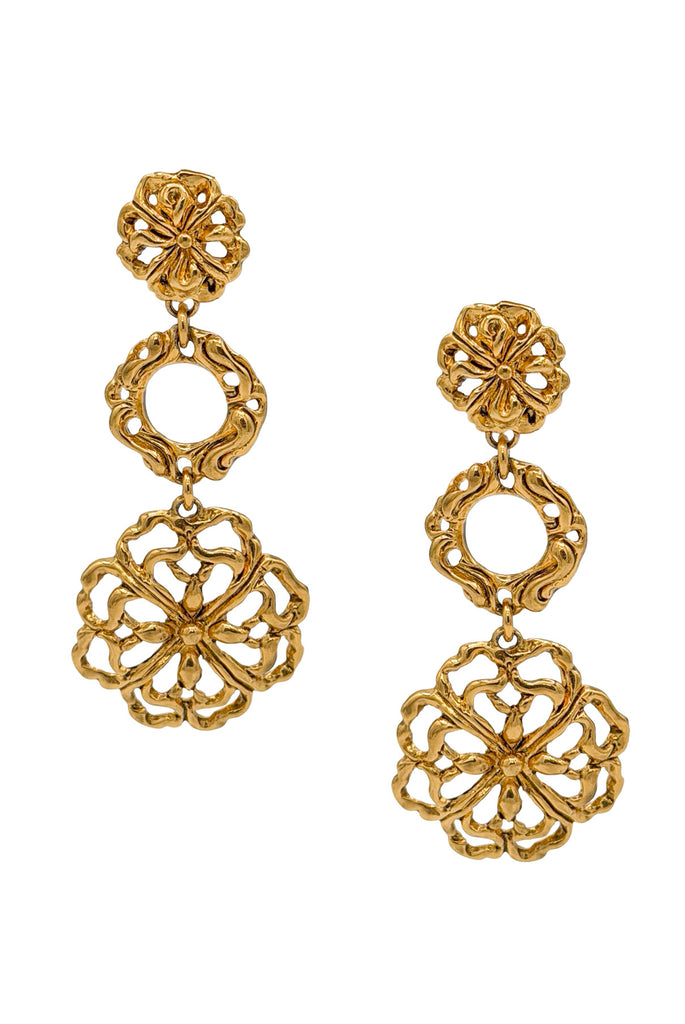 Christian Lacroix Gold Embellished Floral Three Tier Drop Earrings