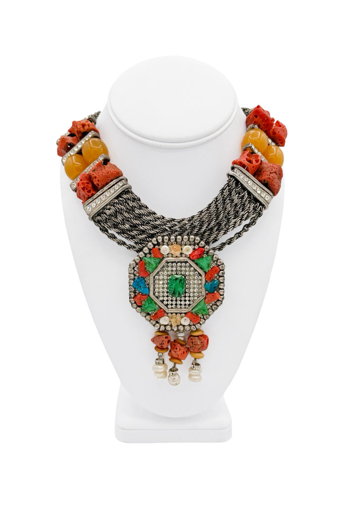 Valentino Silver Pavé Crystal Multicolor Stones Oversized Pendant Chain Link Necklace