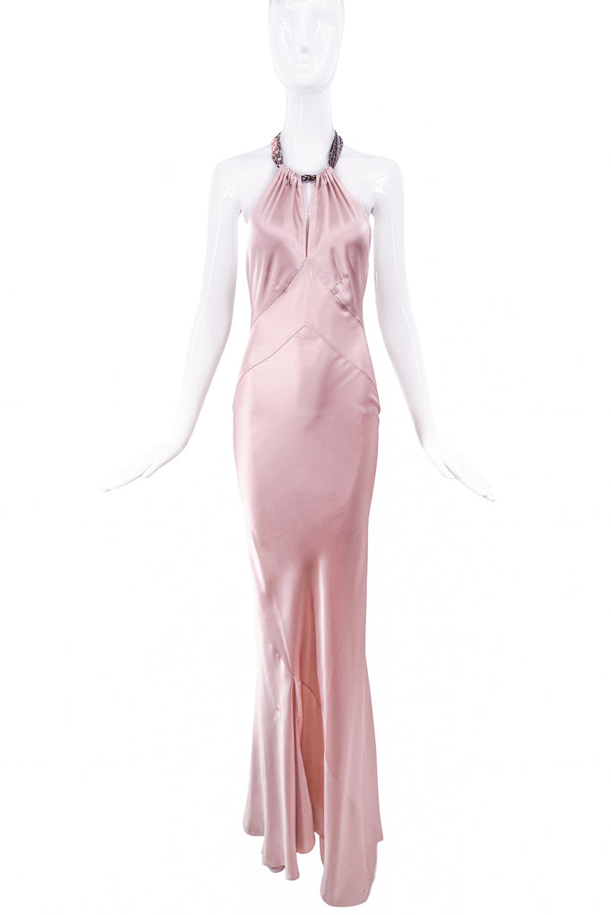 Roberto Cavalli Pink Silk Bias Cut Draped Halterneck Bow Dress Gown