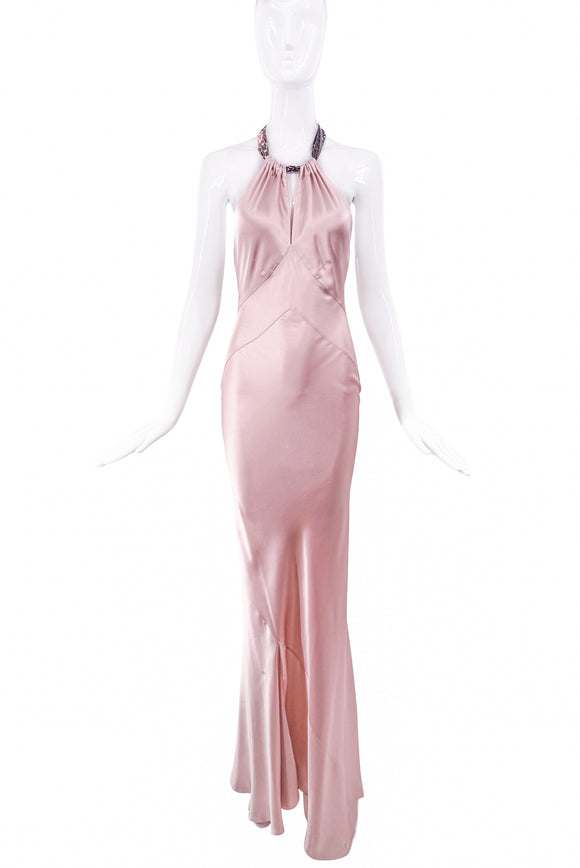 Roberto Cavalli Pink Silk Bias Cut Draped Halterneck Bow Dress Gown
