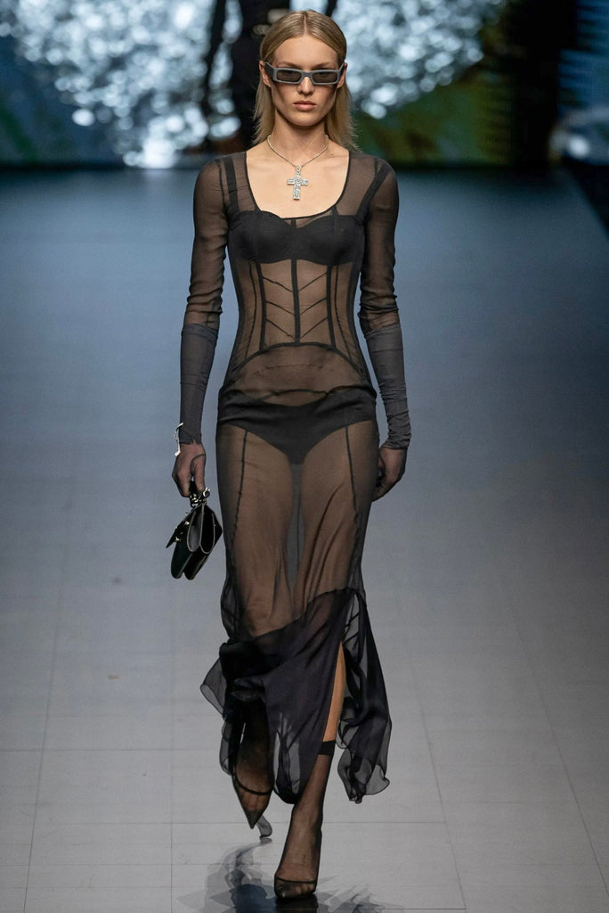Dolce Gabbana Gown Dark Gray Black Sheer Corset Structured Silk Chiffon Asymmetric Hem Dress
