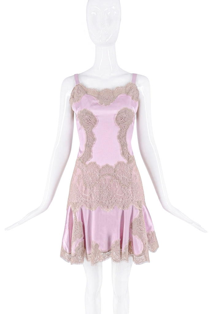 Dolce & Gabbana Pink Tan Silk Satin Lace Drop Waist Dress