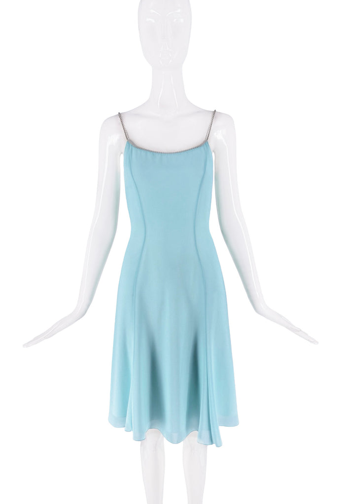 Mugler Baby Blue Beaded Chain Shoulder Straps Slip Dress