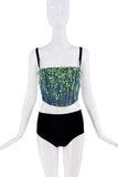 Miu Miu Blue Denim Green Gemstone Charm Open Back Corset Top
