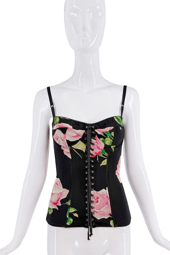 Dolce & Gabbana Black Pink Green Floral Print Lace Up Corset Top