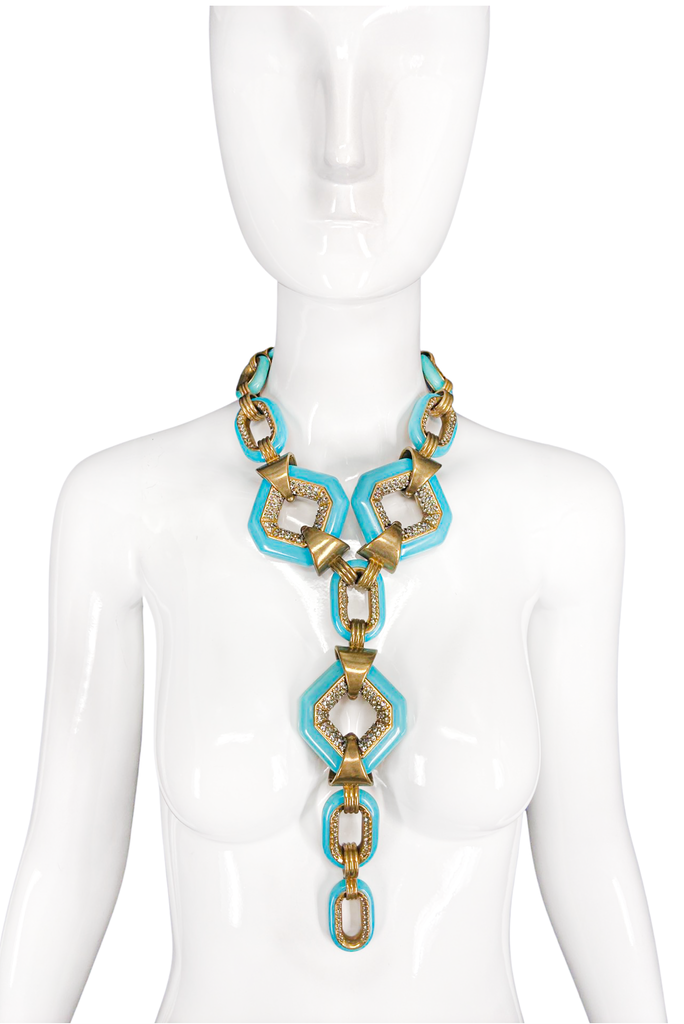 Missoni Turquoise and Brass Oversized Chain Link Diamond Pave Pendent Necklace