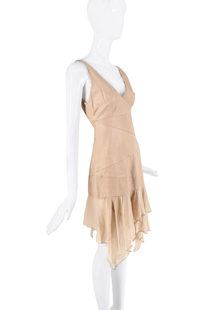Jitrois Tan Beige Leather Drop Waist Ruffle Dress
