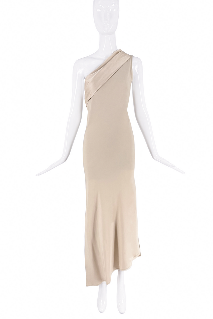 Givenchy Tan Beige Silk Asymmetric One Shoulder Dress Gown