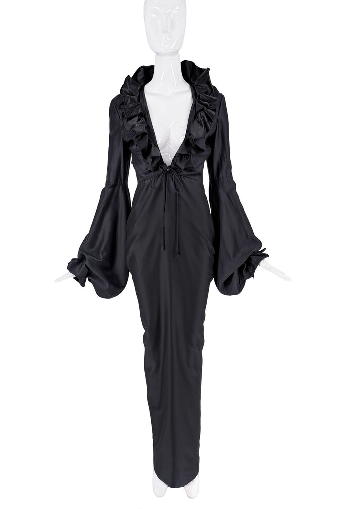 Tom Ford Black Ruffle Collar Parachute Sleeve Deep Neckline Dress Gown