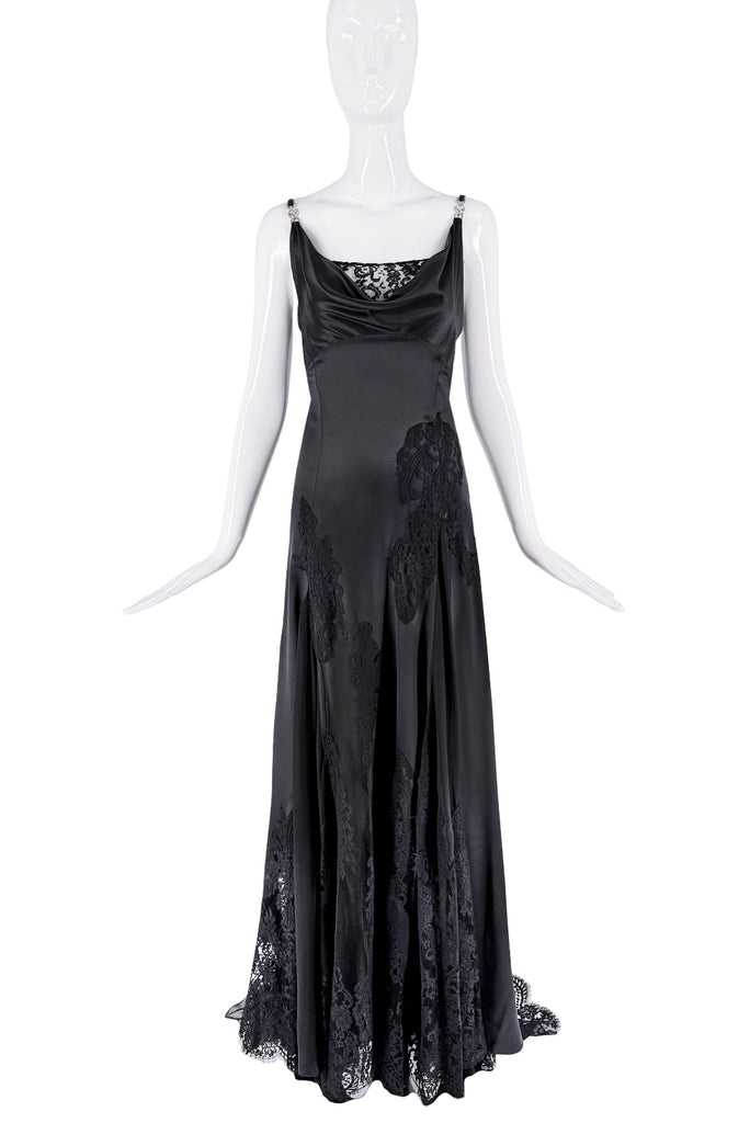 Versace Black Silk Lace Draped Train Logo Strap Dress Gown