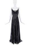 Versace Black Silk Lace Draped Train Logo Strap Dress Gown
