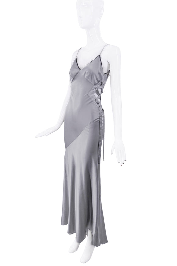 Roberto Cavalli Grey Silk Ribbon Cut Out Bias Cut Slip Dress Gown