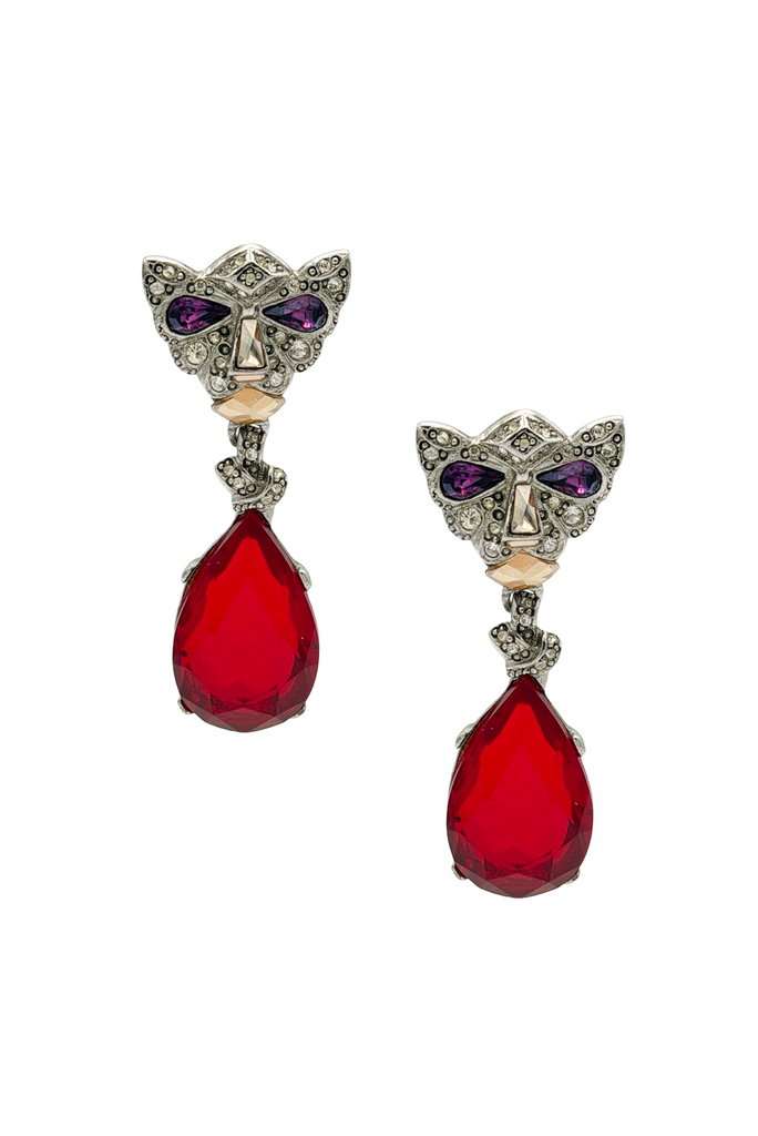 Oscar De La Renta Silver Pavé Crystal Purple Panther Gemstone Earrings