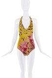 Jean Paul Gaultier Yellow Pink Flower Hummingbird Print Halter Swimsuit