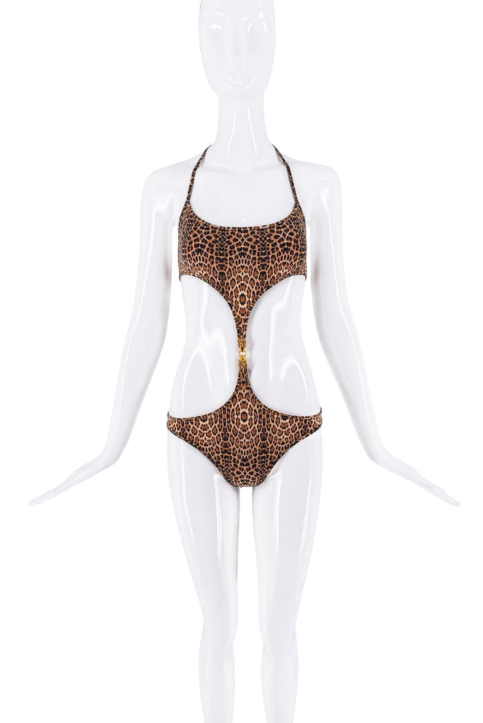 Roberto Cavalli Brown Leopard Print Gold Lion Clasp Bikini Swimsuit