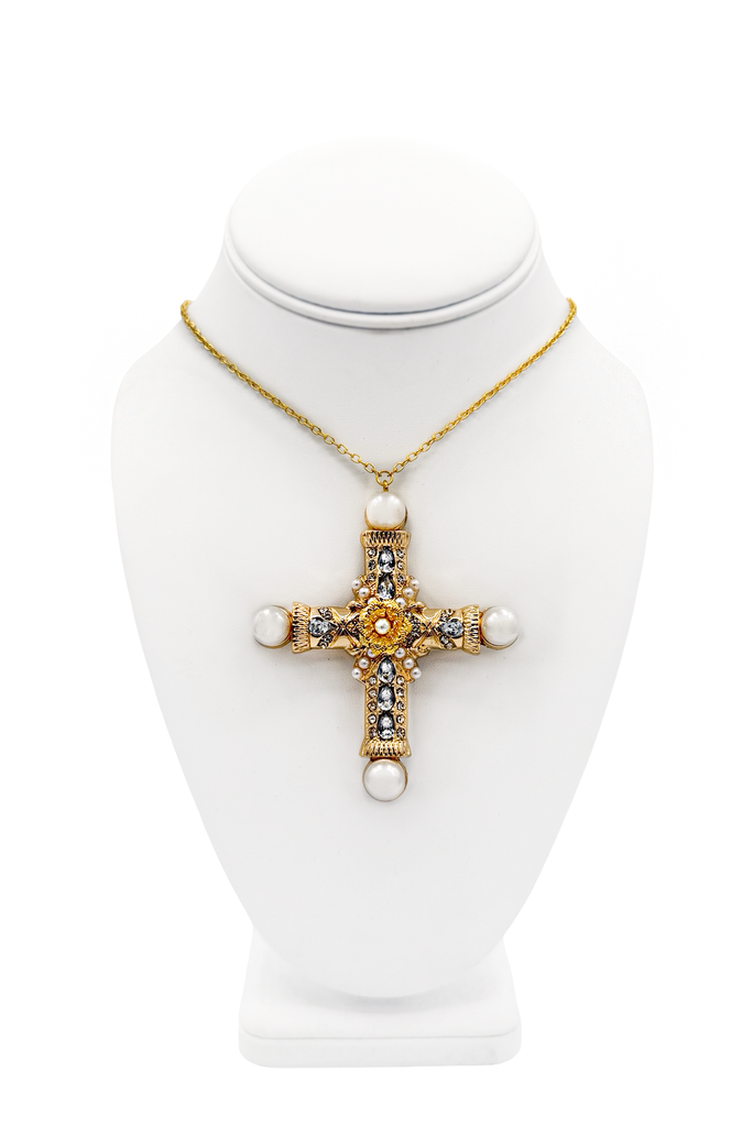 Dolce & Gabbana Gold Pearl Embellished Flower Cross Pendant Chain Necklace