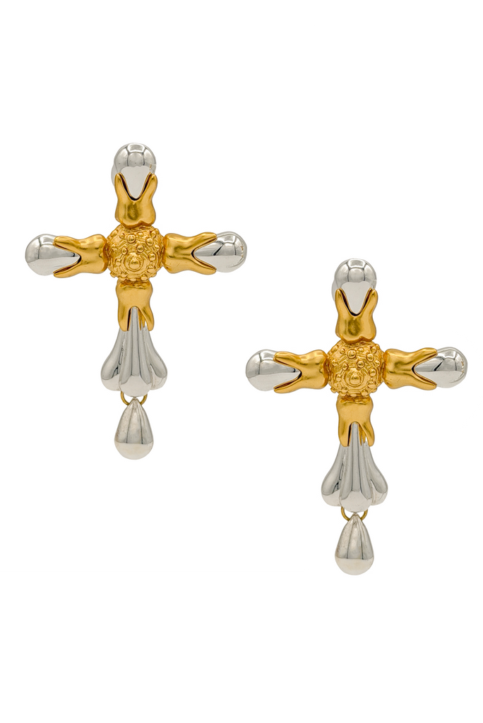 Schiaparelli Gold Silver Two Tone Embellished Cross Earrings